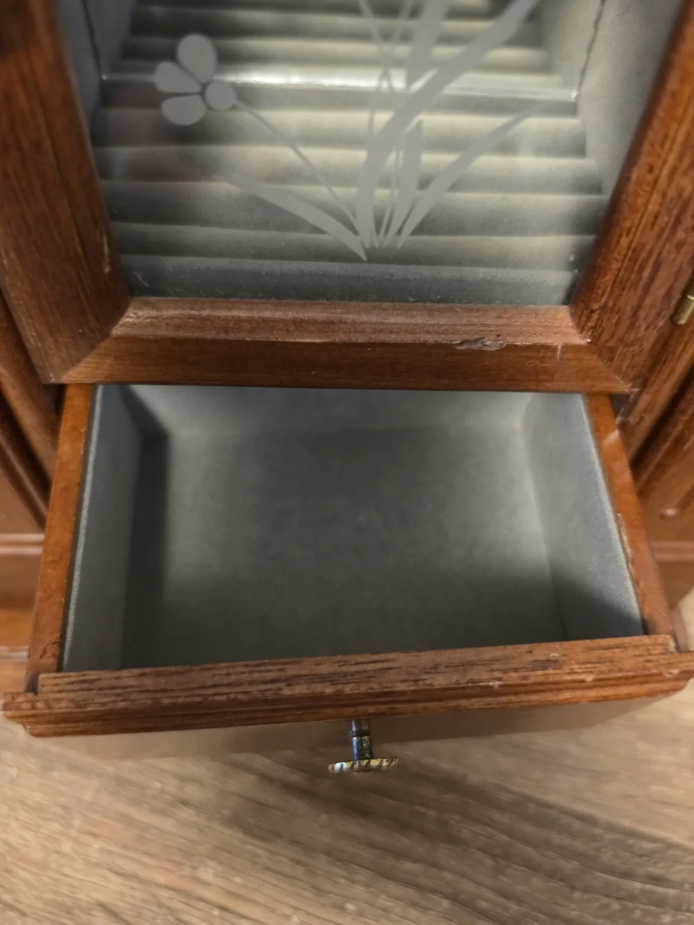 Vintage Wooden Jewelry Box Armoire Flower Glass 12